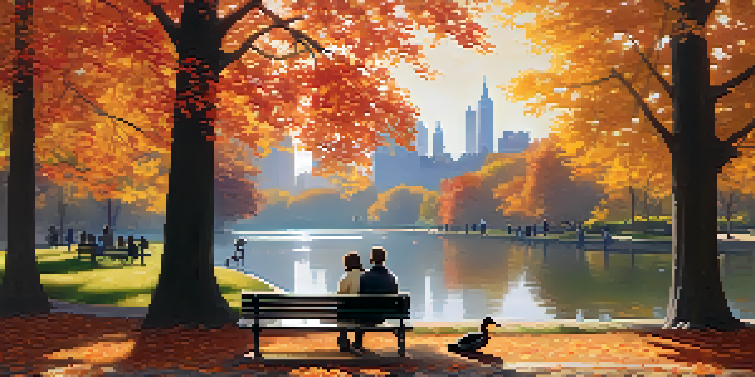 A beautiful autumn scene in Central Park with colorful leaves, a lake, and a couple sitting on a bench.