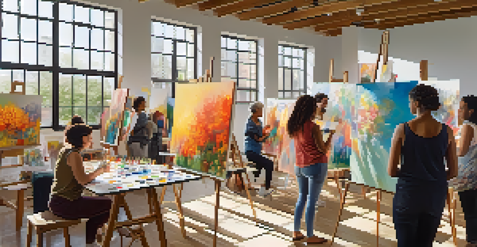A community art class in an open studio with diverse participants painting, illuminated by natural light from large windows.