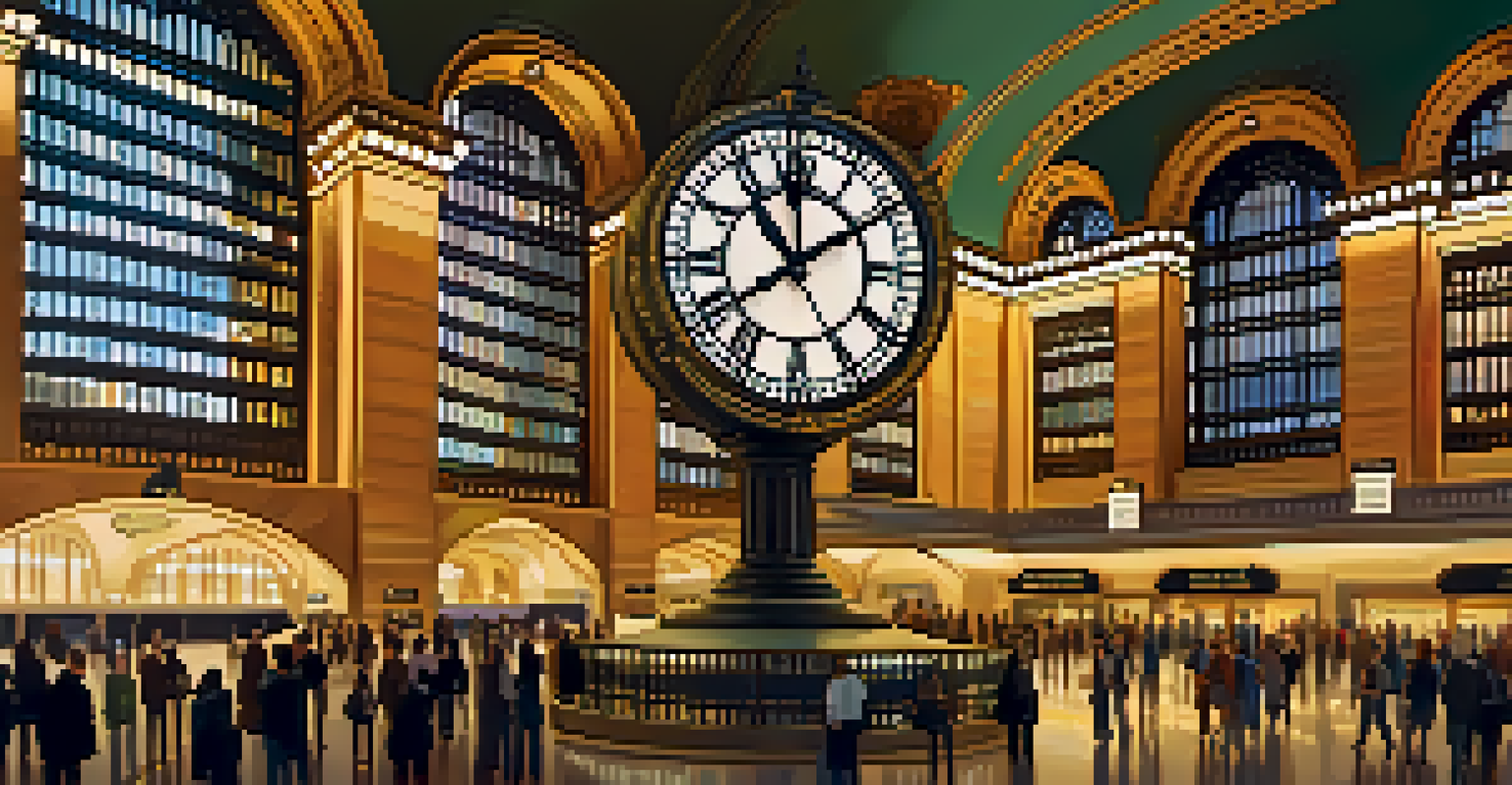 A close-up view of the Grand Central Clock, showcasing its brass and opal design, with a diverse crowd of travelers in the bustling terminal.