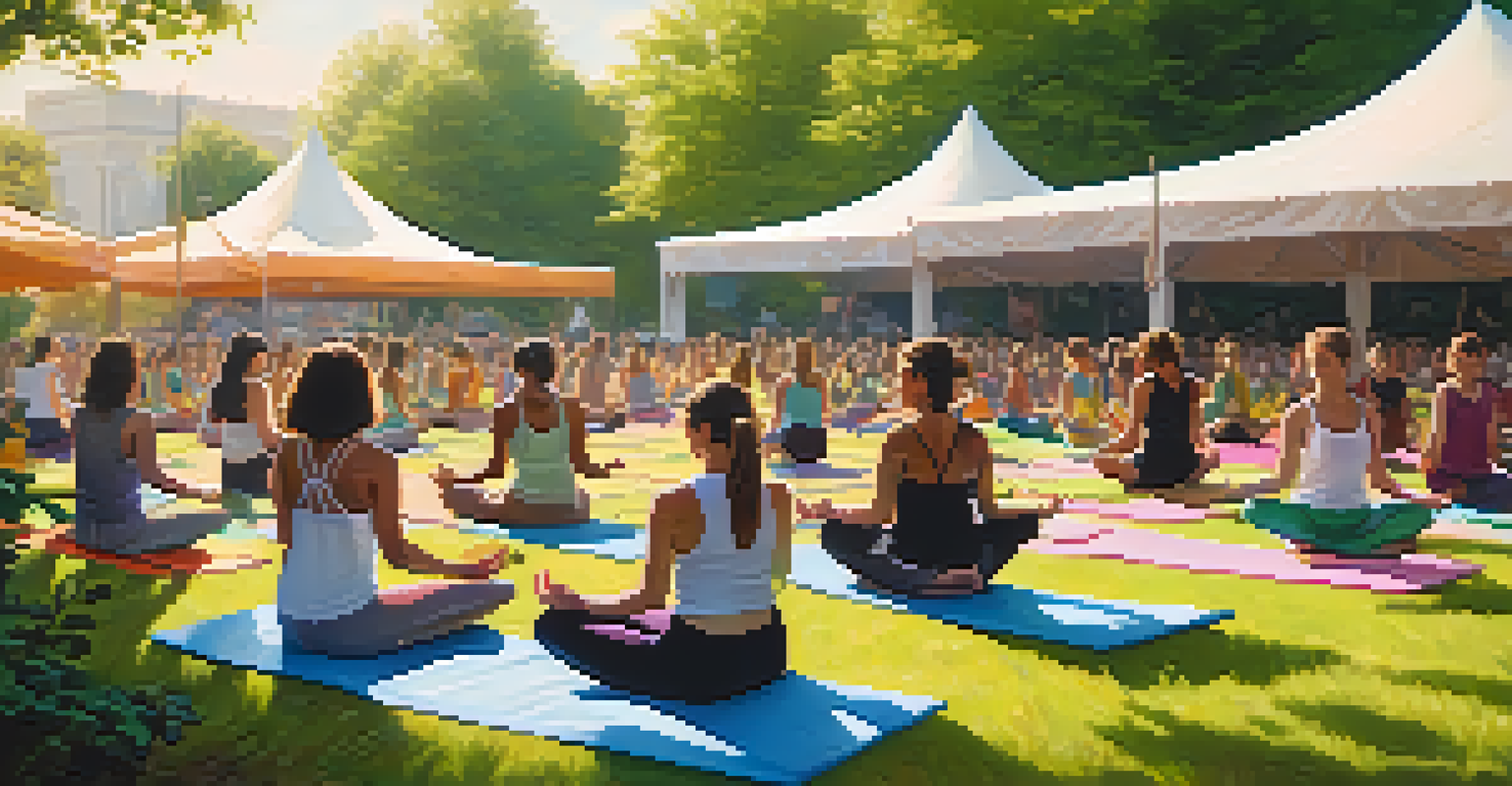 Participants practicing yoga in a green space at a music festival, with stages in the background.