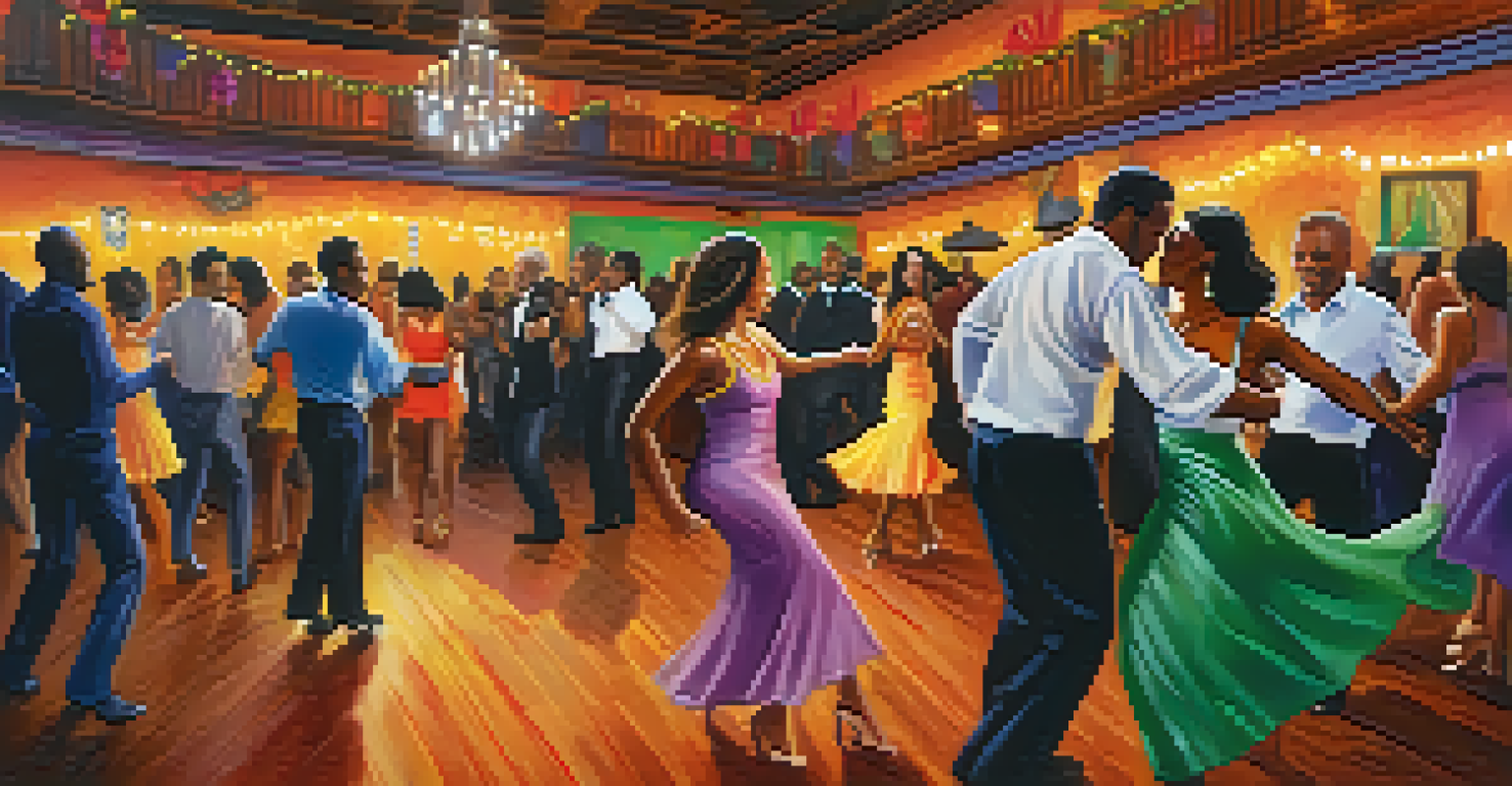 A salsa dance night in a vibrant club with couples dancing under warm lights and a live band playing.