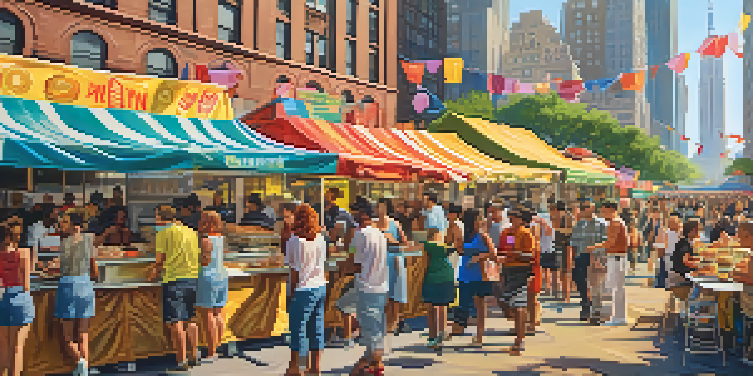 A lively outdoor food festival in NYC with diverse people enjoying food from colorful stalls and trucks against a backdrop of skyscrapers.
