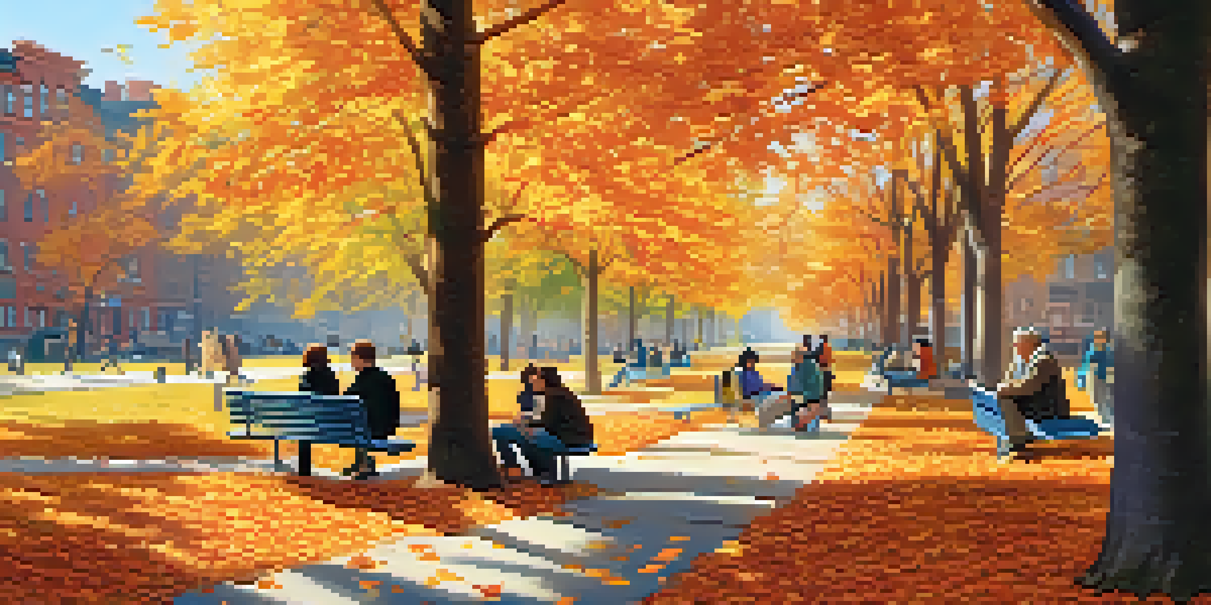 A peaceful park in NYC during autumn with people enjoying conversations among colorful leaves.