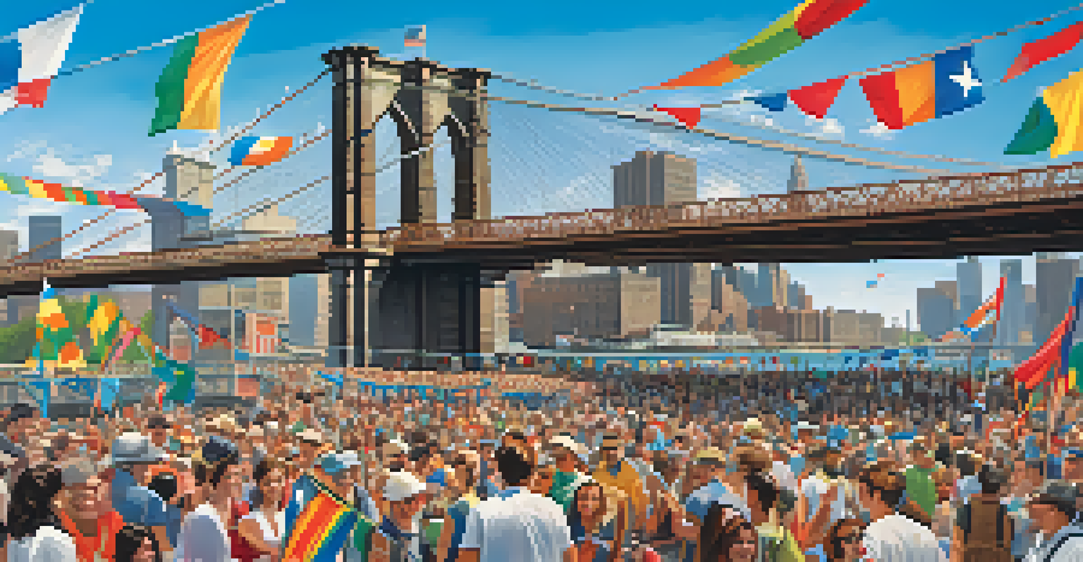 A vibrant scene of the Brooklyn Bridge filled with people celebrating at a public event with colorful banners.