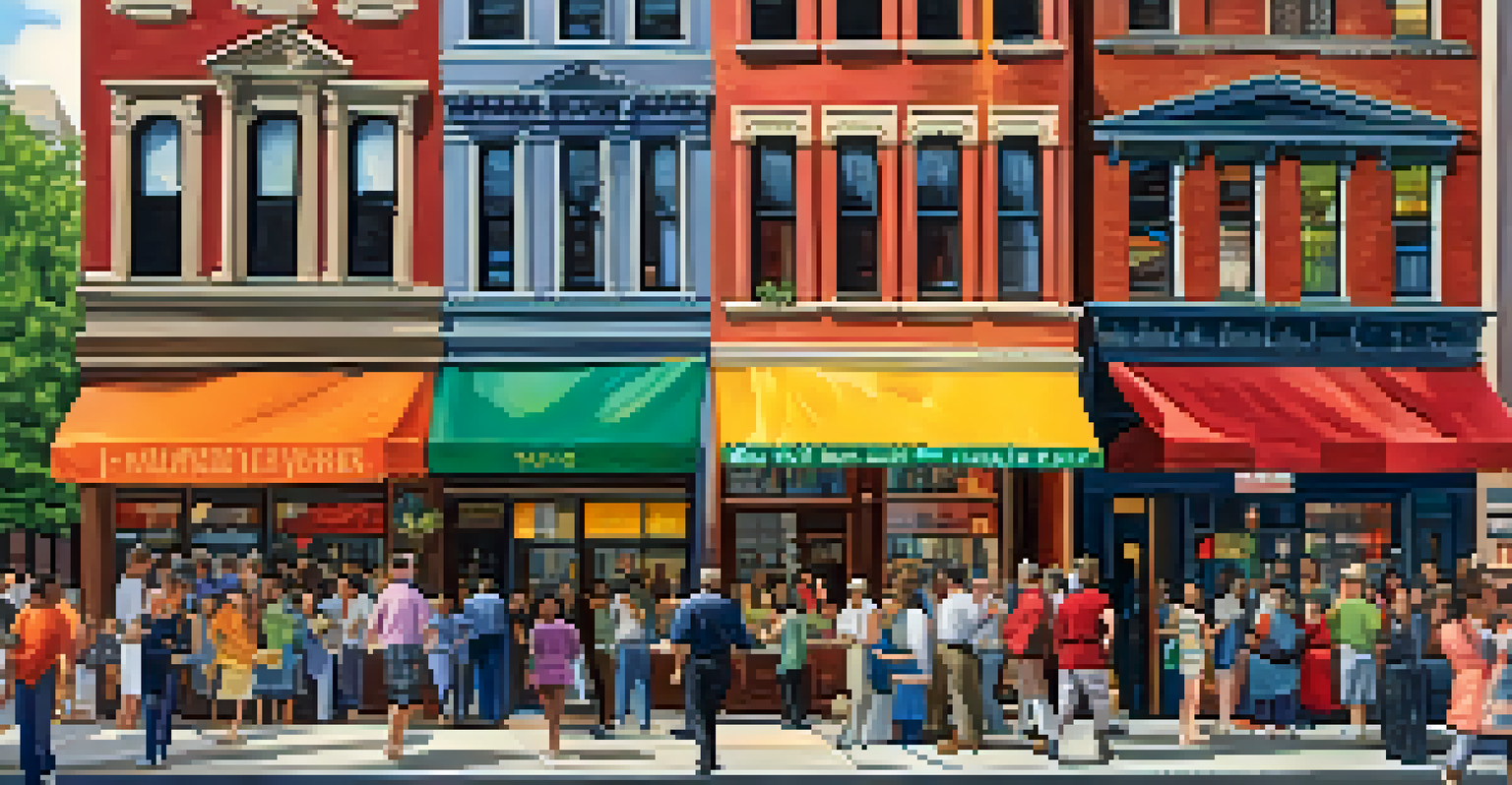 A community event in a historic NYC neighborhood with people enjoying the atmosphere and local artists displaying their work.