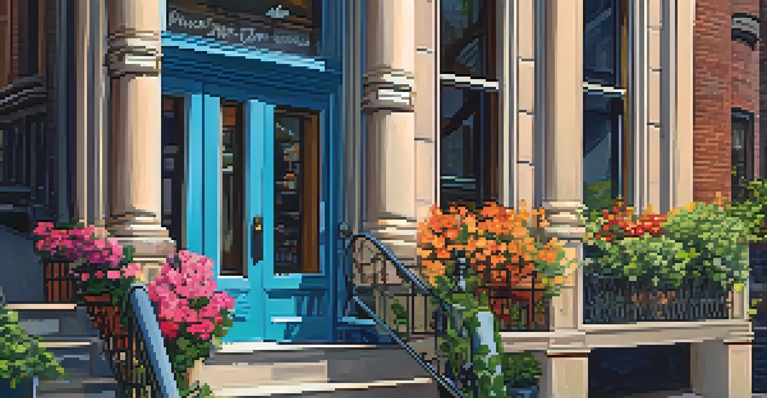 Close-up of a 'For Rent' sign on a brownstone in Brooklyn with flowers and the New York skyline in the background.