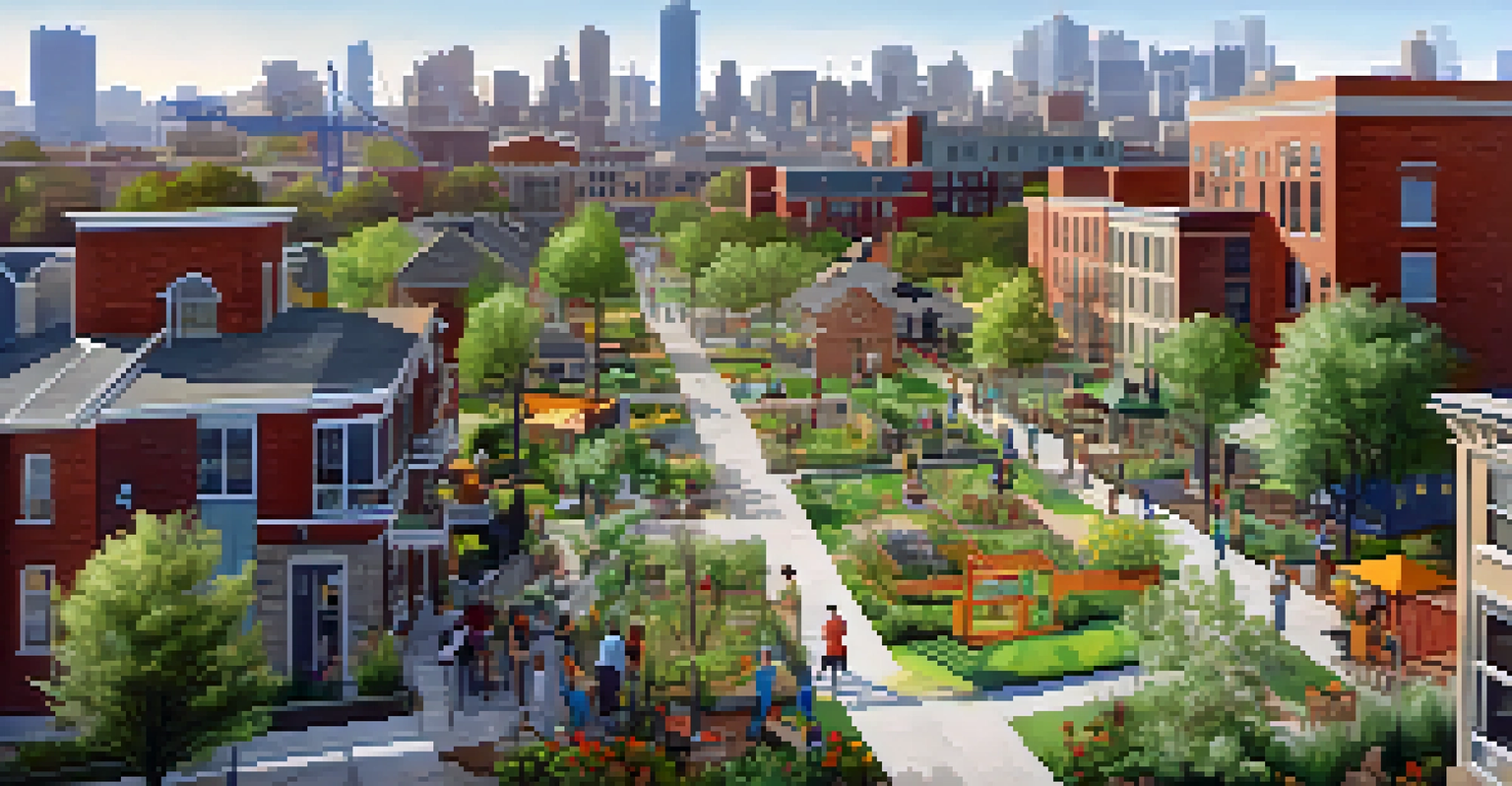 Aerial view of a neighborhood with construction, new buildings, and a community garden filled with residents.