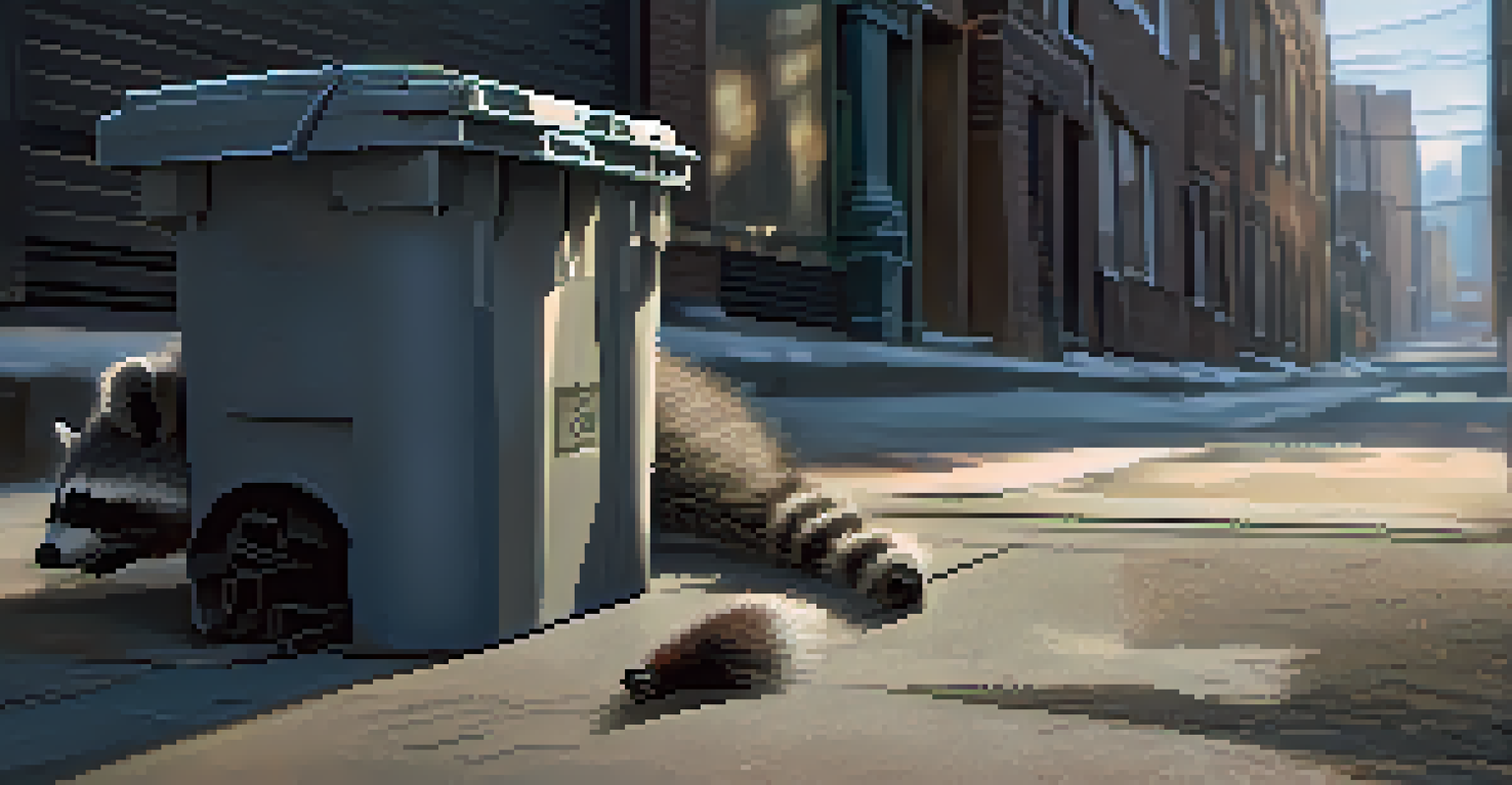 A raccoon rummaging through a garbage bin in an urban alley with city lights in the background.