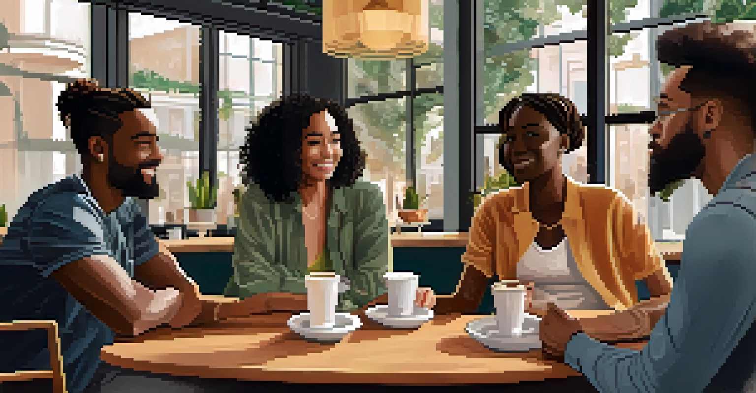 A diverse group of friends in a coffee shop discussing mental health, showcasing supportive friendships.