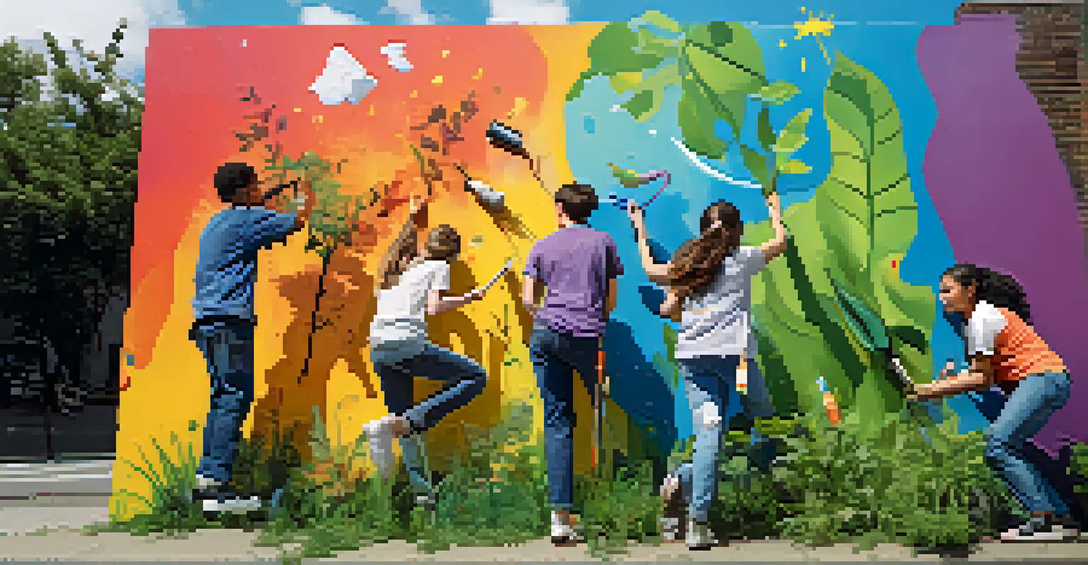 A colorful mural about climate change, with young people painting it, surrounded by urban scenery in NYC.
