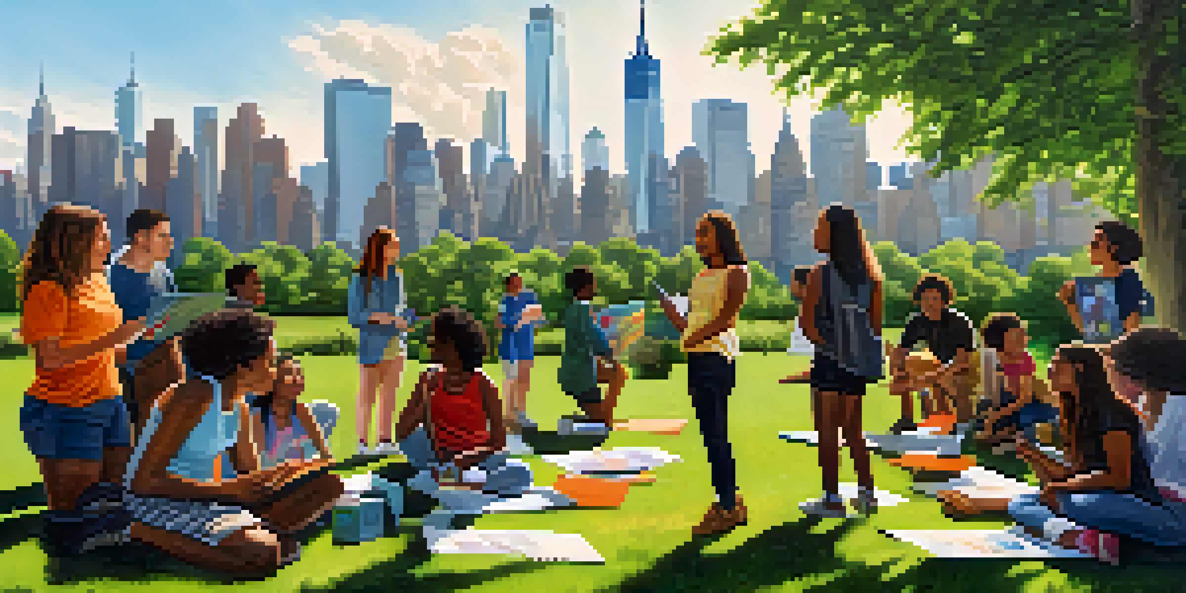 A diverse group of young activists in a park in New York City, holding colorful signs about climate change with the skyline in the background.