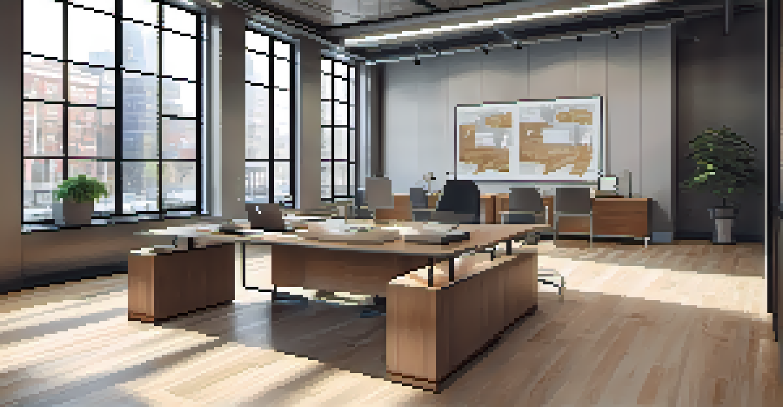 A modern office interior designed to comply with NYC building codes, with natural light and ergonomic furniture.