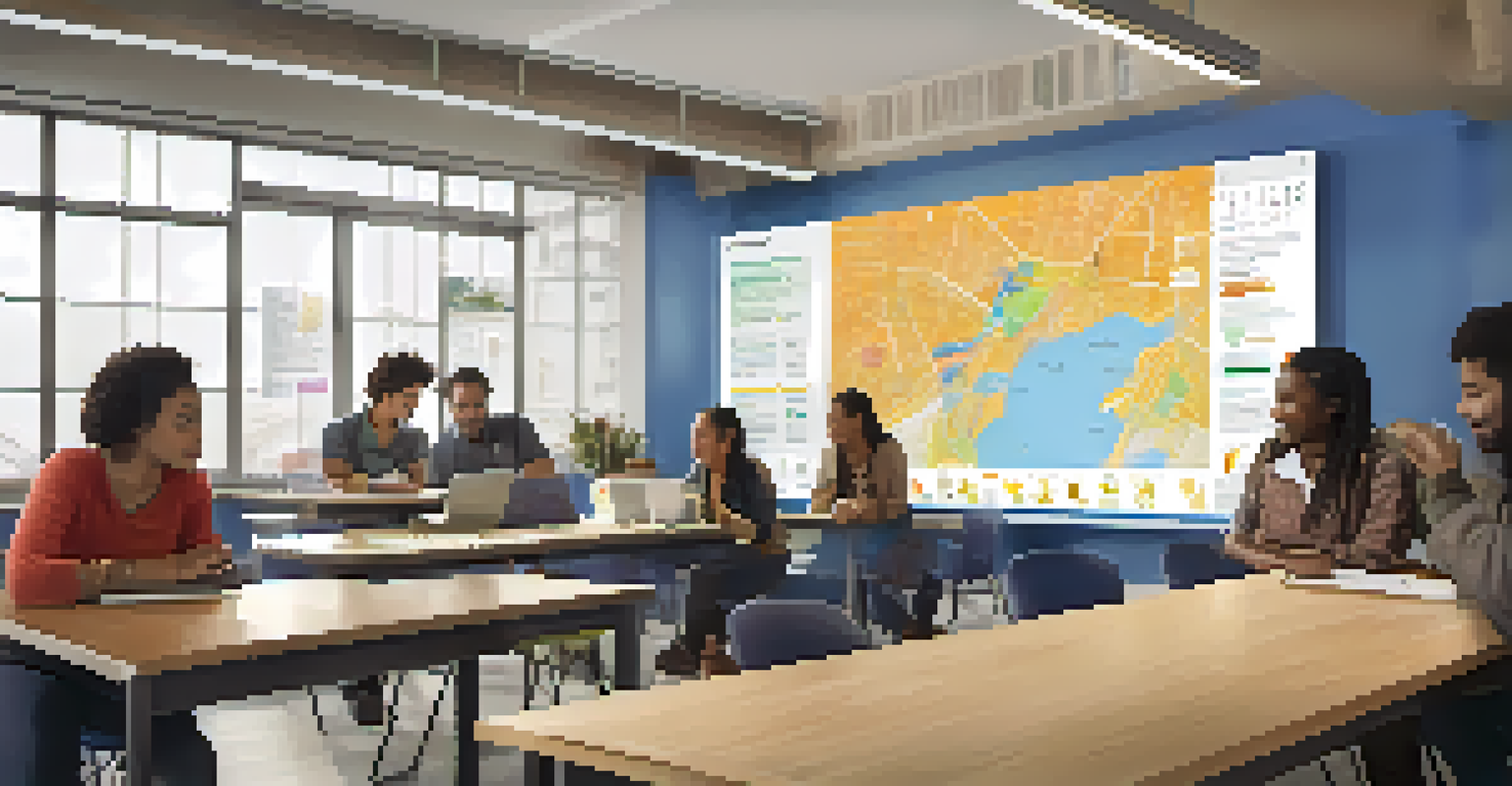 Inside a community center, young adults engage with an interactive map display on local services, surrounded by posters promoting civic engagement.