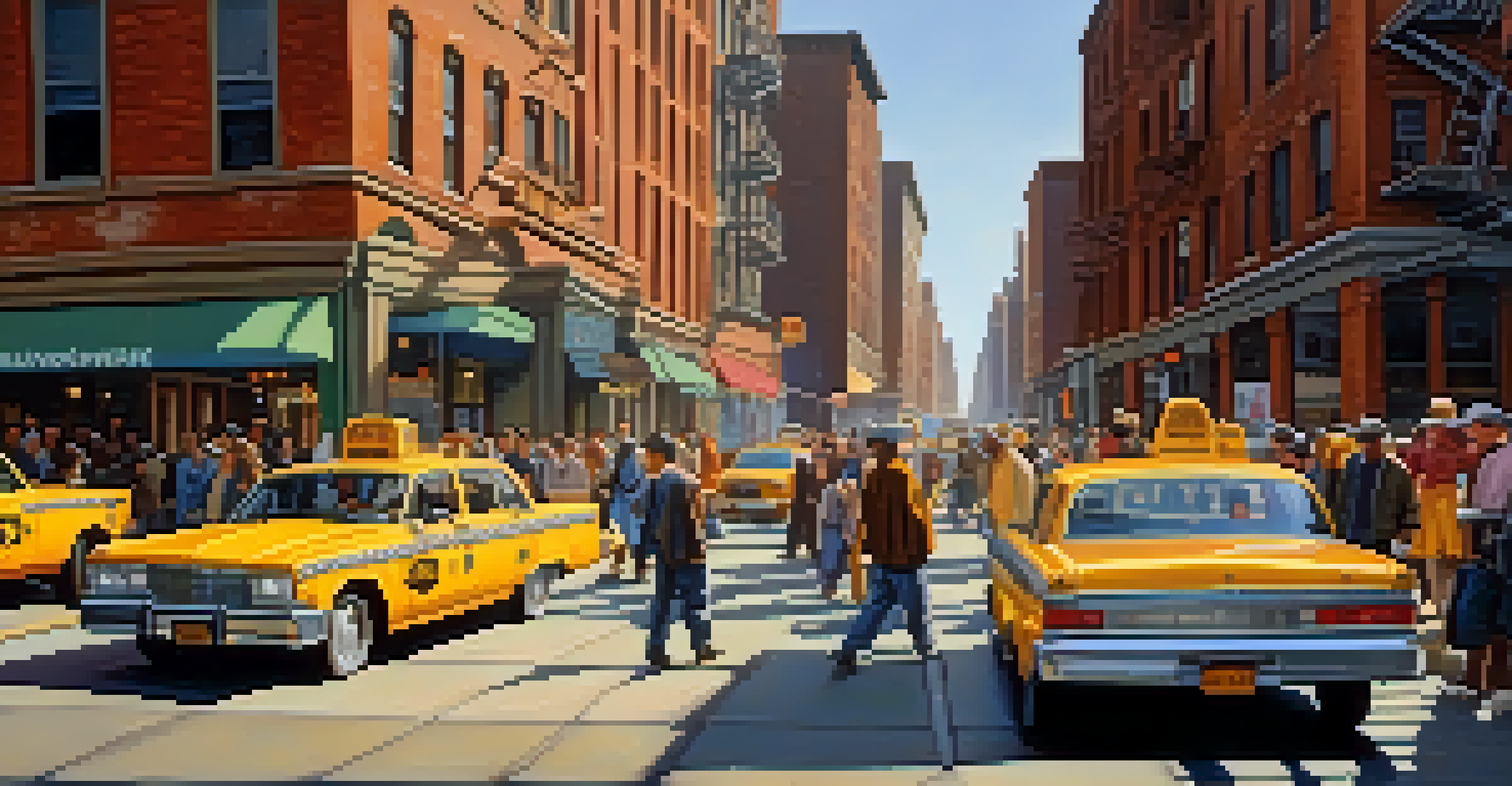 A busy street in New York City during the 1990s, featuring people, yellow cabs, and graffiti.