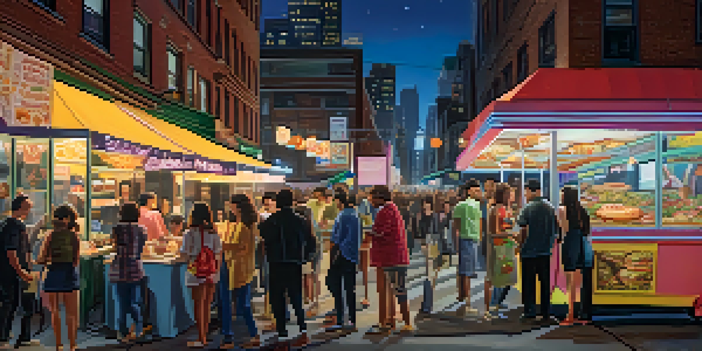 A vibrant late-night food scene in NYC with food trucks and people enjoying various cuisines.
