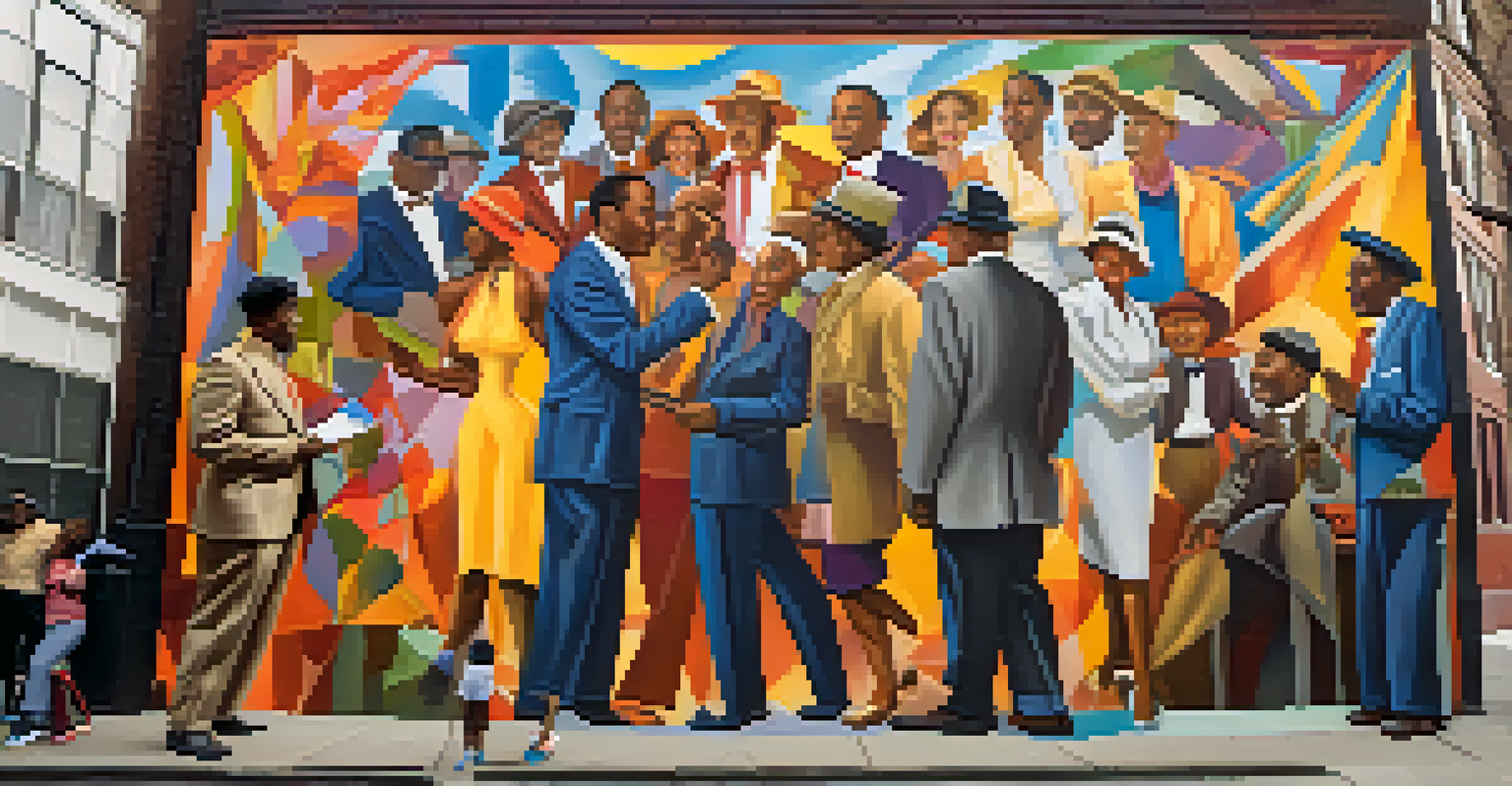A vibrant mural celebrating the Harlem Renaissance, showcasing figures like Langston Hughes and Duke Ellington with community members admiring the artwork.