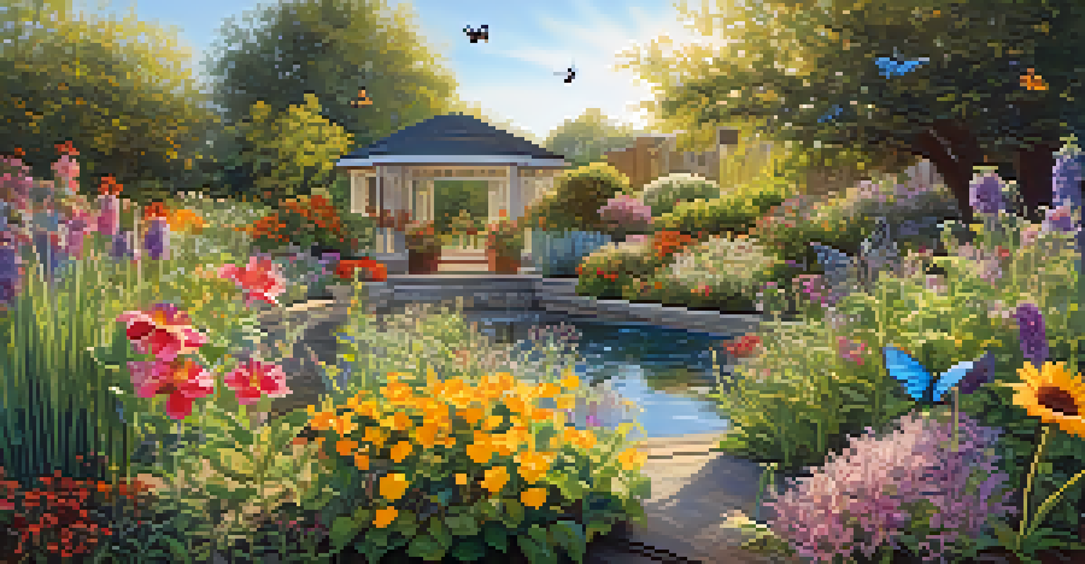 A vibrant urban garden filled with colorful flowers, butterflies, and bees in a sunny setting.
