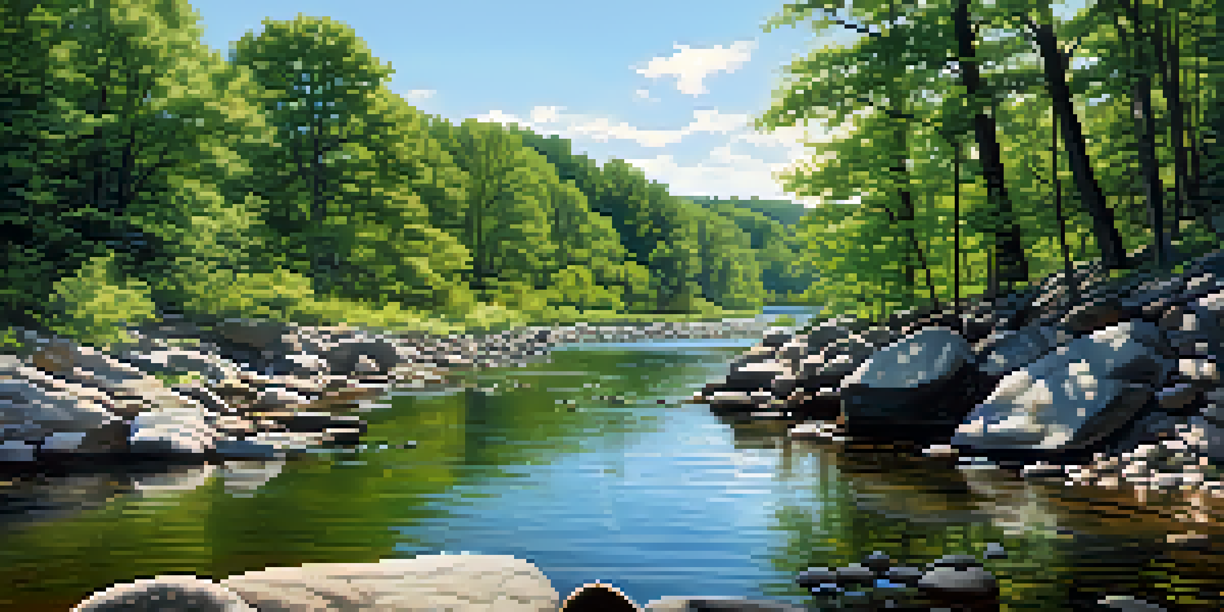 A peaceful view of a New York City watershed featuring a river, greenery, and sunlight filtering through trees.
