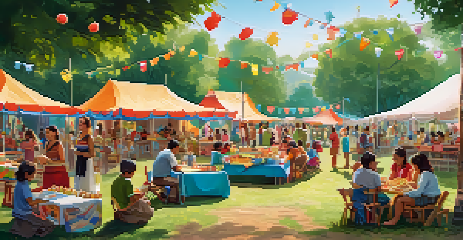 A lively community festival in a park with stalls, musicians, and families enjoying the event. Colorful decorations and sunlight create a cheerful atmosphere.