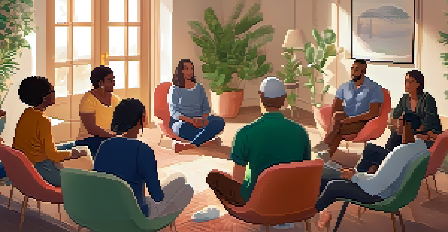 A support group session in a cozy room with diverse participants engaged in discussion.