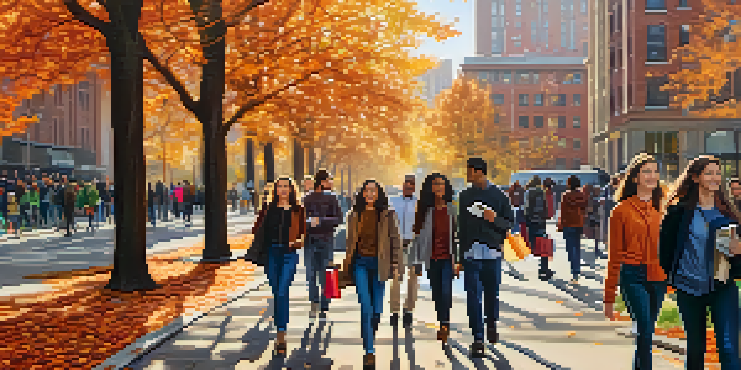 A lively street in New York City filled with diverse students walking by university buildings, surrounded by autumn leaves and warm sunlight.