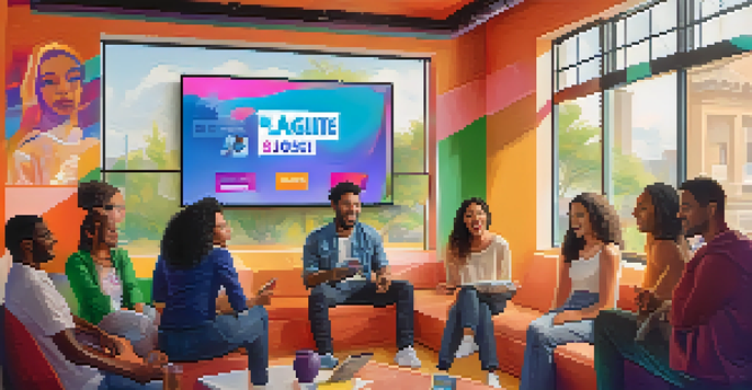 A diverse group of people discussing social issues around a digital screen in a bright and colorful room.