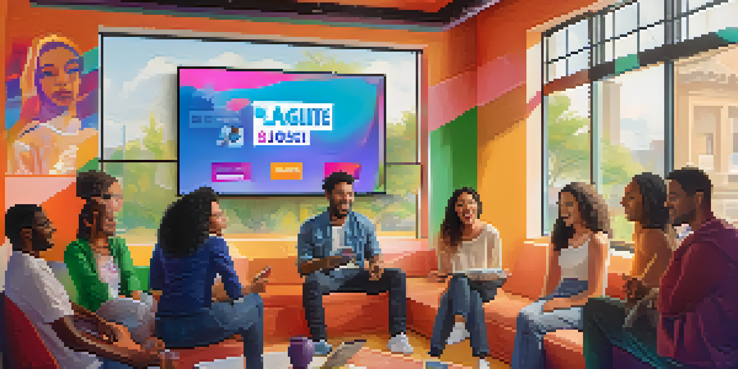 A diverse group of people discussing social issues around a digital screen in a bright and colorful room.