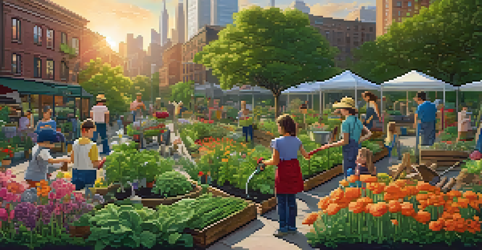 A community garden in New York City with people gardening, surrounded by colorful flowers and vegetables.
