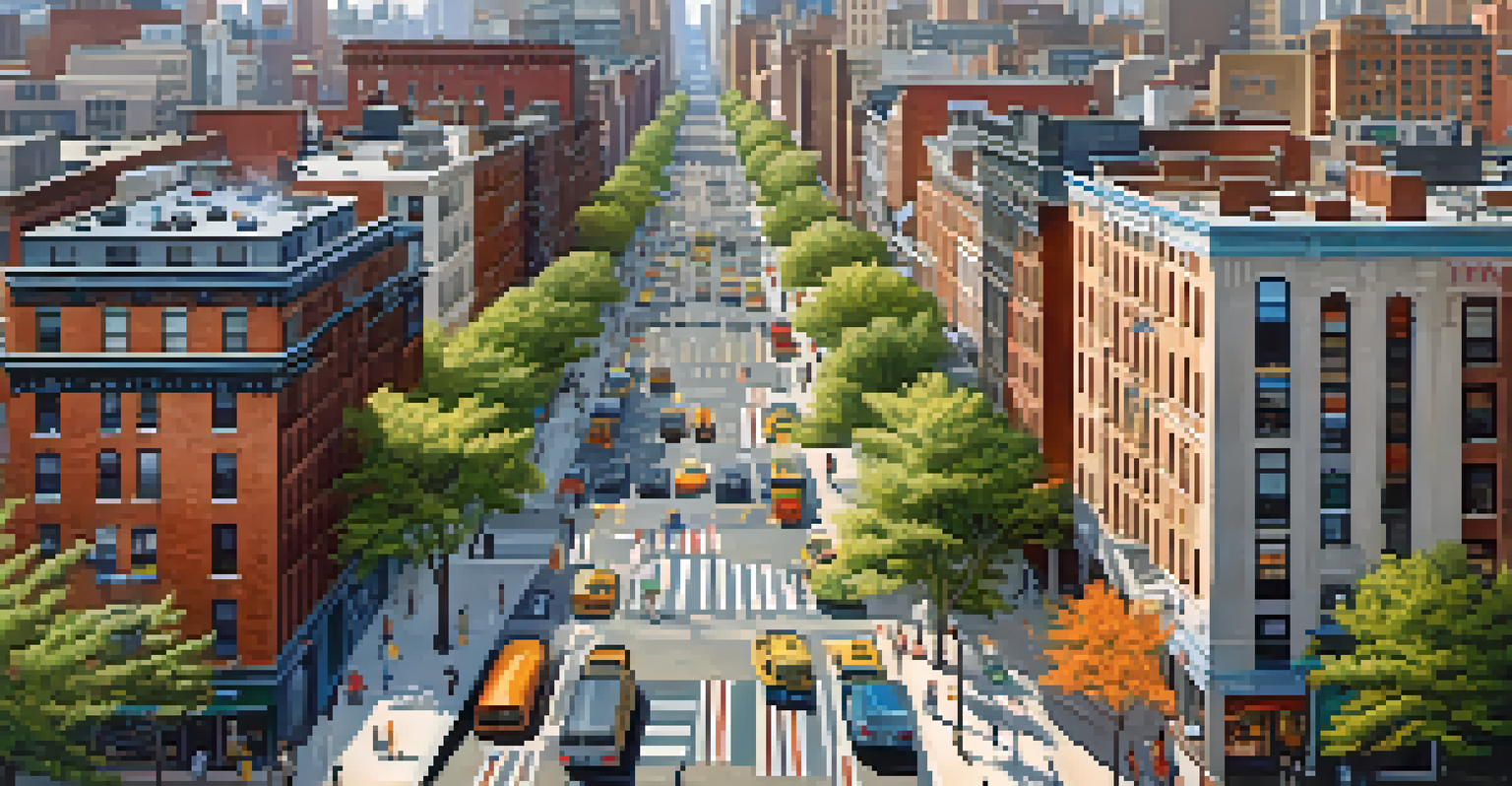 An aerial view of a vibrant NYC neighborhood with murals, trees, and people enjoying outdoor spaces.