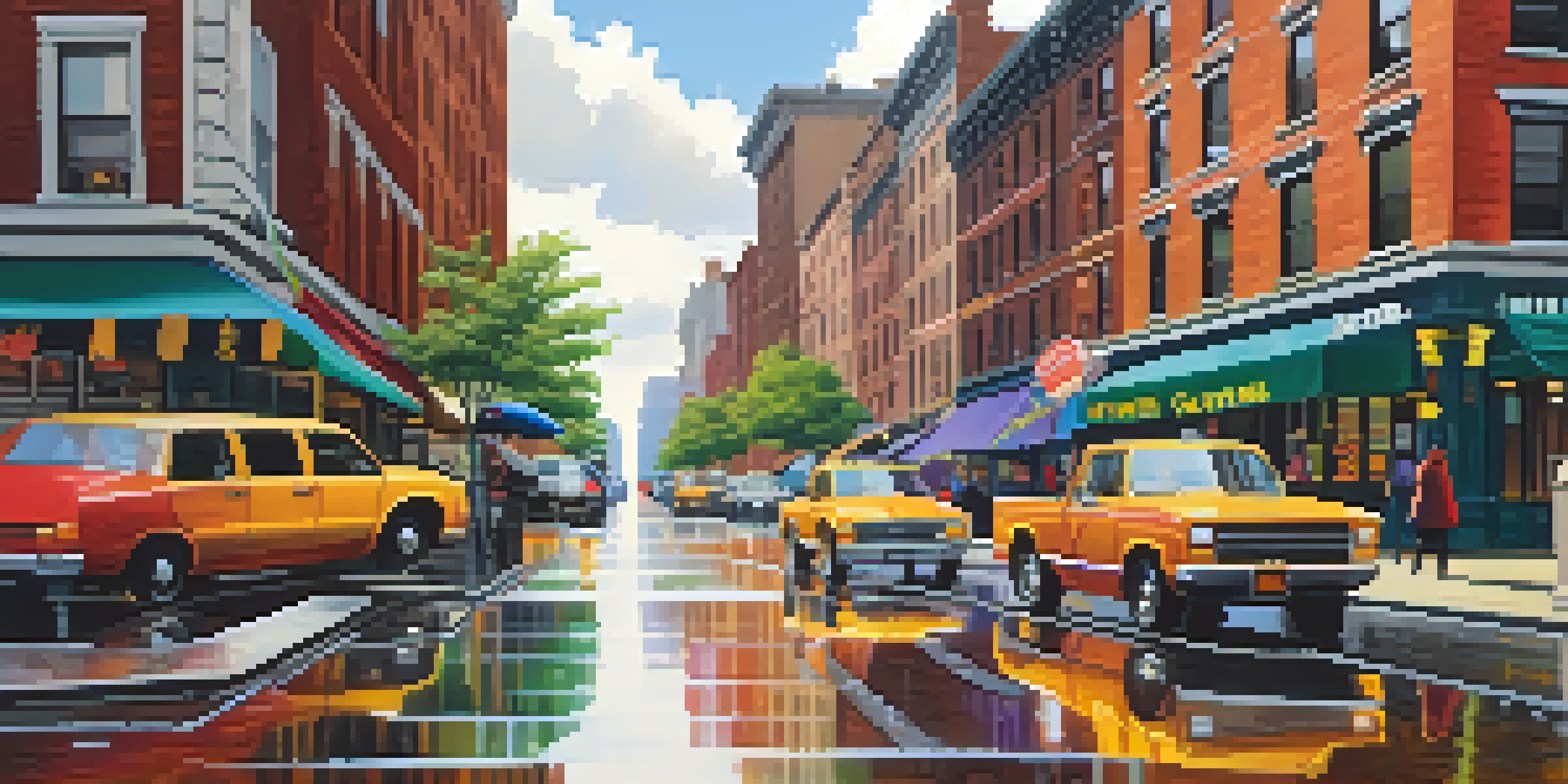 A busy NYC street after rain, featuring rainwater harvesting systems on rooftops and pedestrians with umbrellas.
