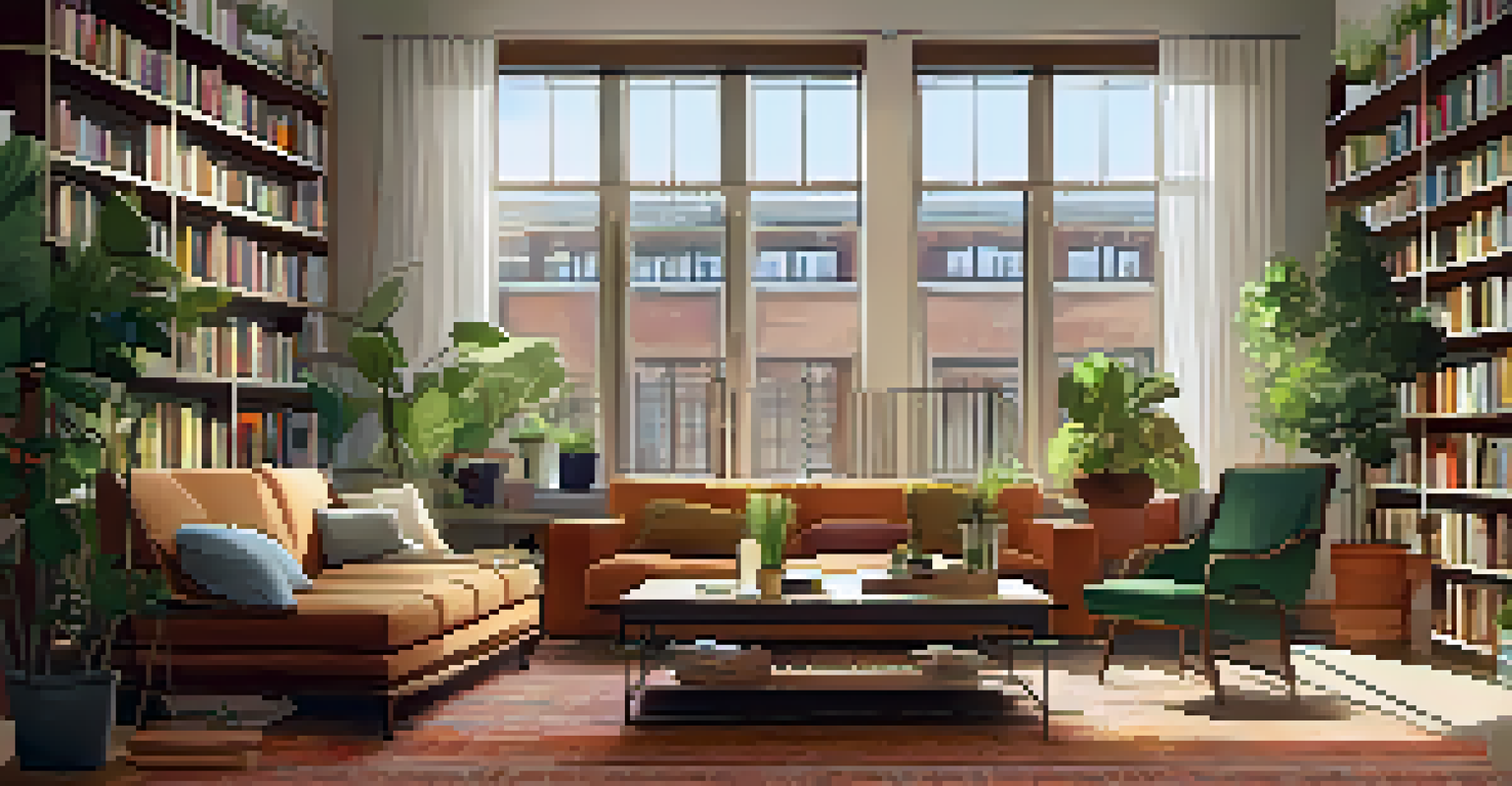 A cozy living room in a co-op with warm colors, natural light, and potted plants, promoting a sense of community.