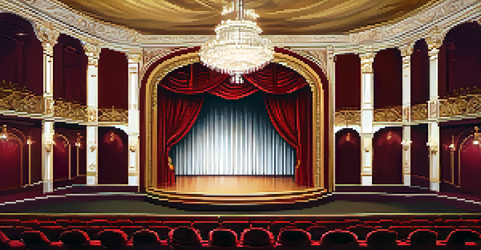 An elegant theater interior with red velvet seats and a grand chandelier, ready for a performance.