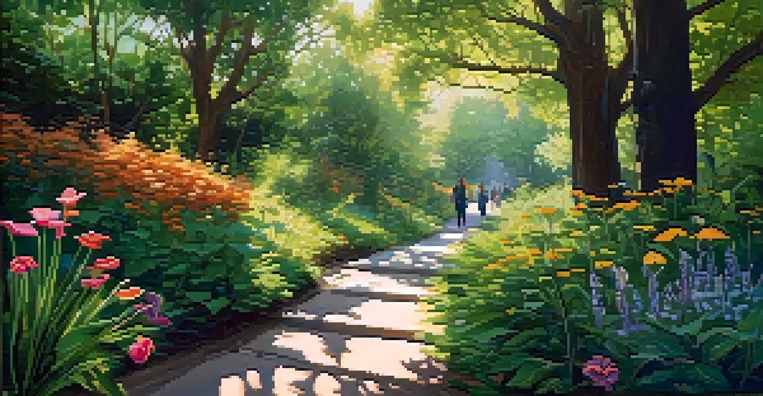 A peaceful urban wildlife corridor with birds and a squirrel amidst green plants and flowers, illuminated by sunlight.