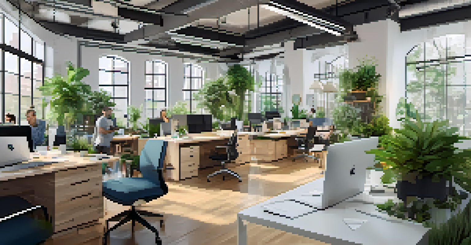 An open-plan startup office in New York City, filled with greenery and a diverse team brainstorming around a table.