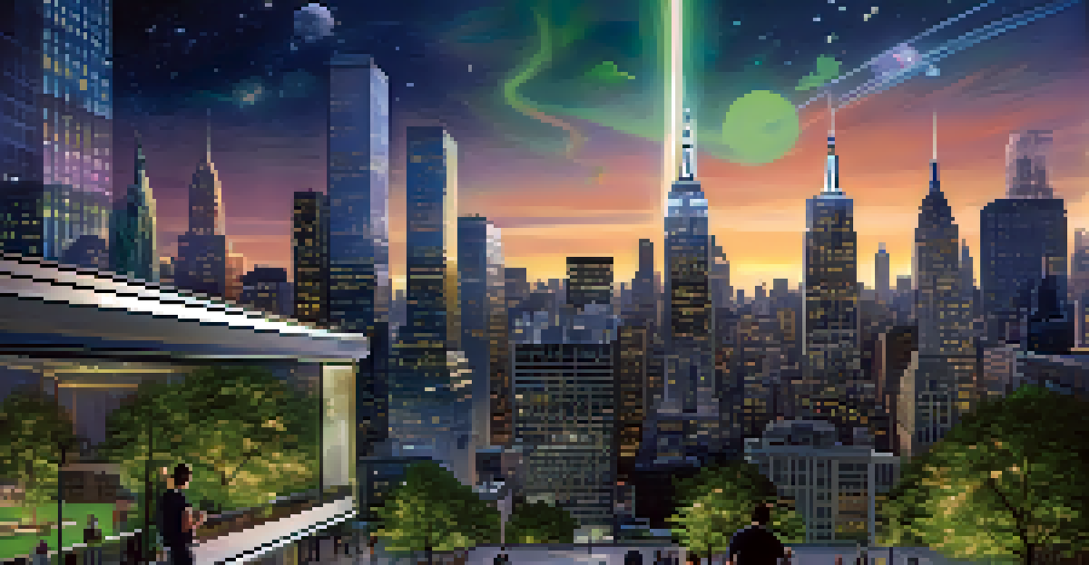 A futuristic New York City scene with residents using VR headsets to interact with augmented reality overlays of urban developments, against a twilight skyline.