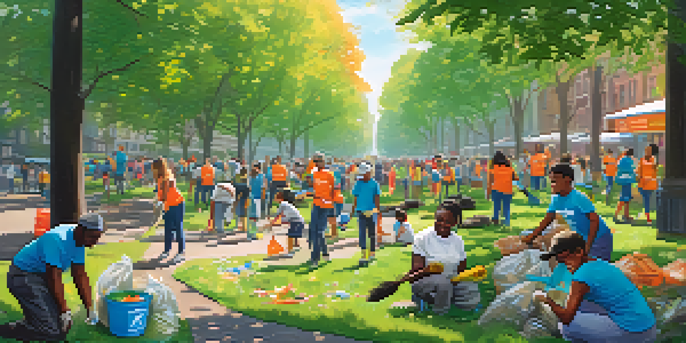 A diverse group of volunteers working together in a park to clean up litter, with a sunny day and city skyline in the background.