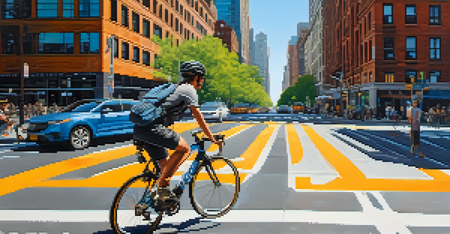 A cyclist in a protected bike lane in New York City with modern buildings and trees.