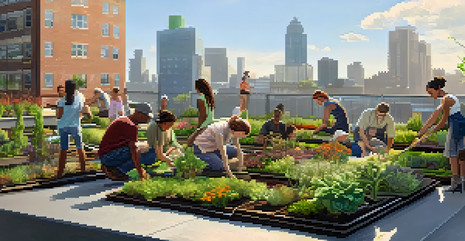 A community workshop on a green roof with residents planting and learning about gardening, surrounded by an urban landscape.