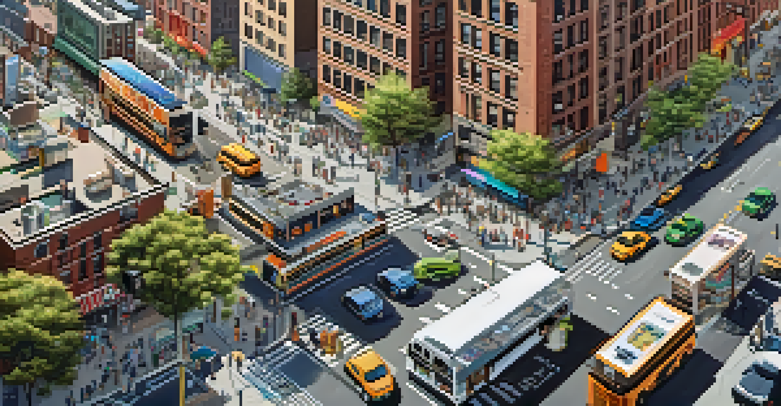 Aerial view of New York City with people using smartphones and digital billboards displaying civic tech information.