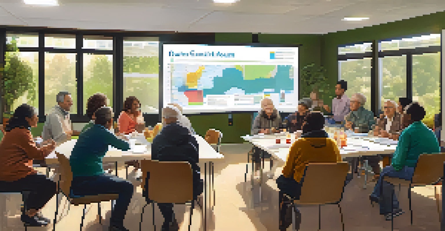 Residents participating in a community forum at a cozy center, discussing health initiatives with charts displayed on a screen in a warm, inviting setting.