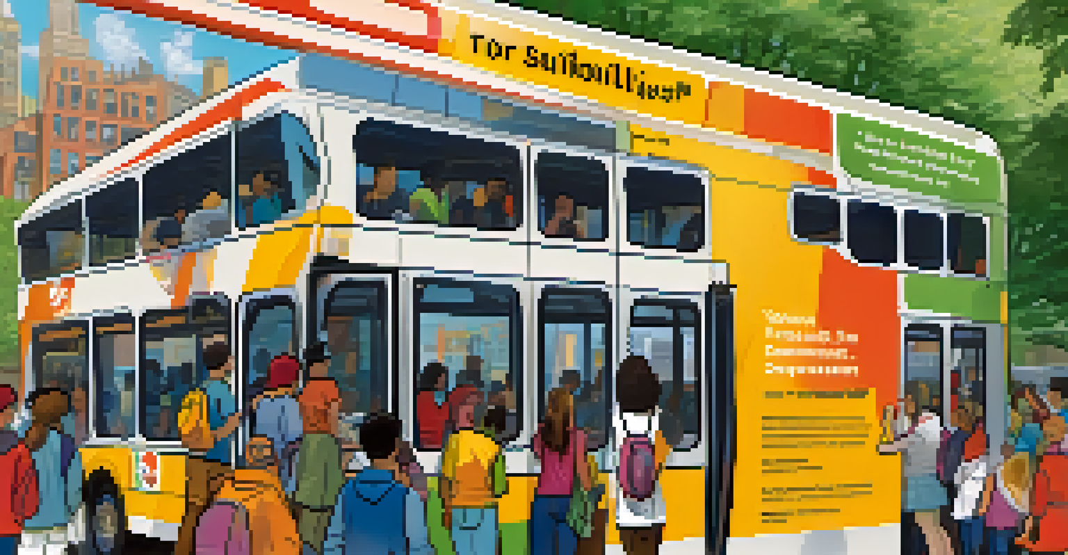 A community event where volunteers teach students about navigating public transportation safely in NYC, with a colorful backdrop.