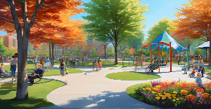 A lively park designed for everyone, showcasing accessible pathways, a playground with adaptive swings, and a sensory garden with colorful flowers, where families enjoy time together.