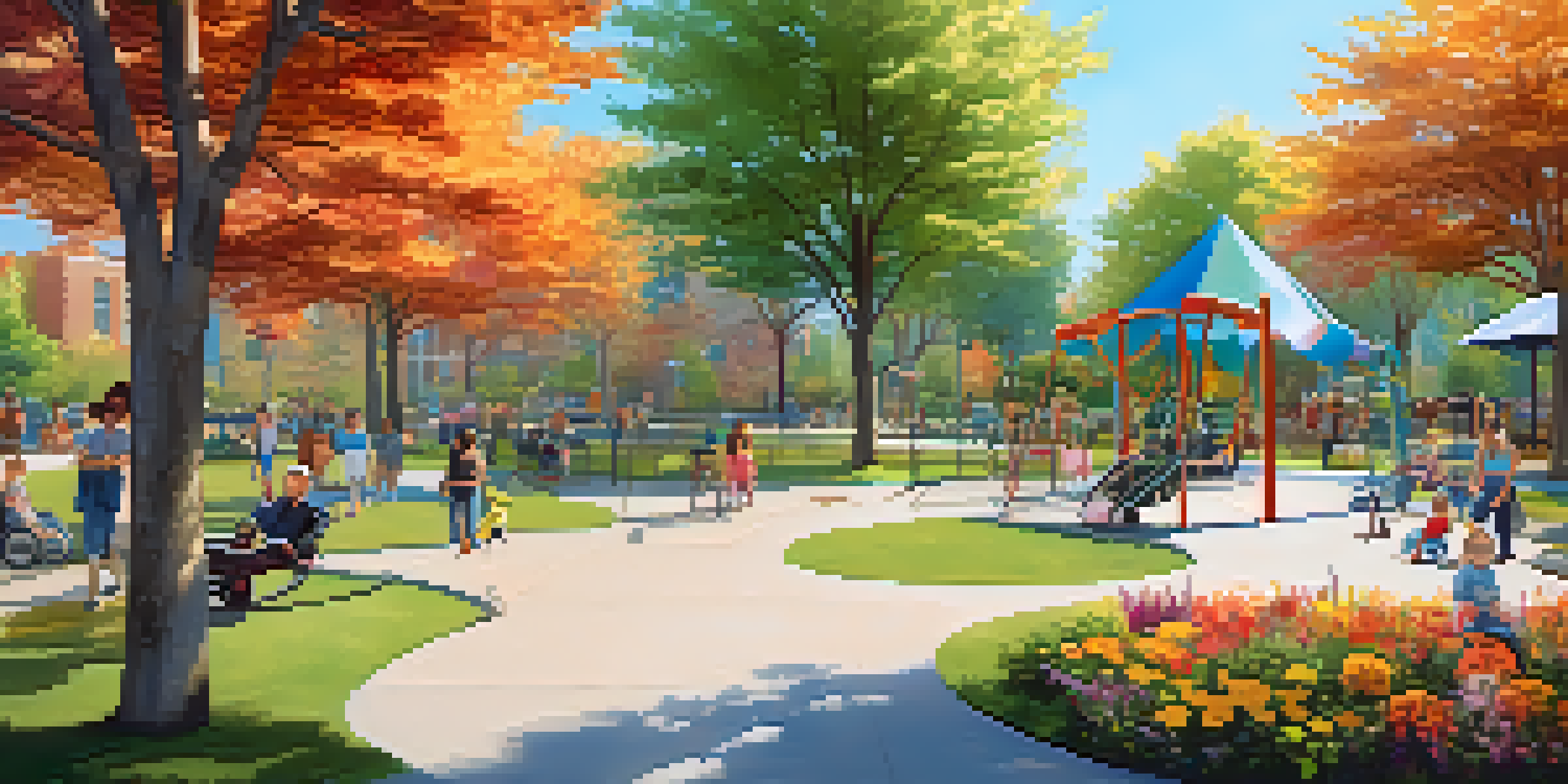 A lively park designed for everyone, showcasing accessible pathways, a playground with adaptive swings, and a sensory garden with colorful flowers, where families enjoy time together.