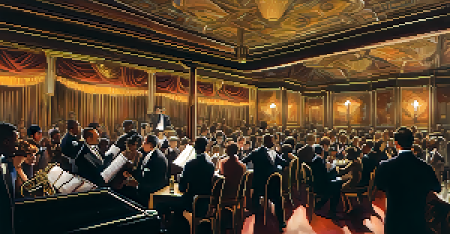 A jazz club in 1920s New York City with Louis Armstrong performing on stage and an audience dressed in period attire.