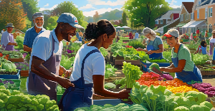 A community garden with people of different backgrounds planting vegetables together under a sunny sky.
