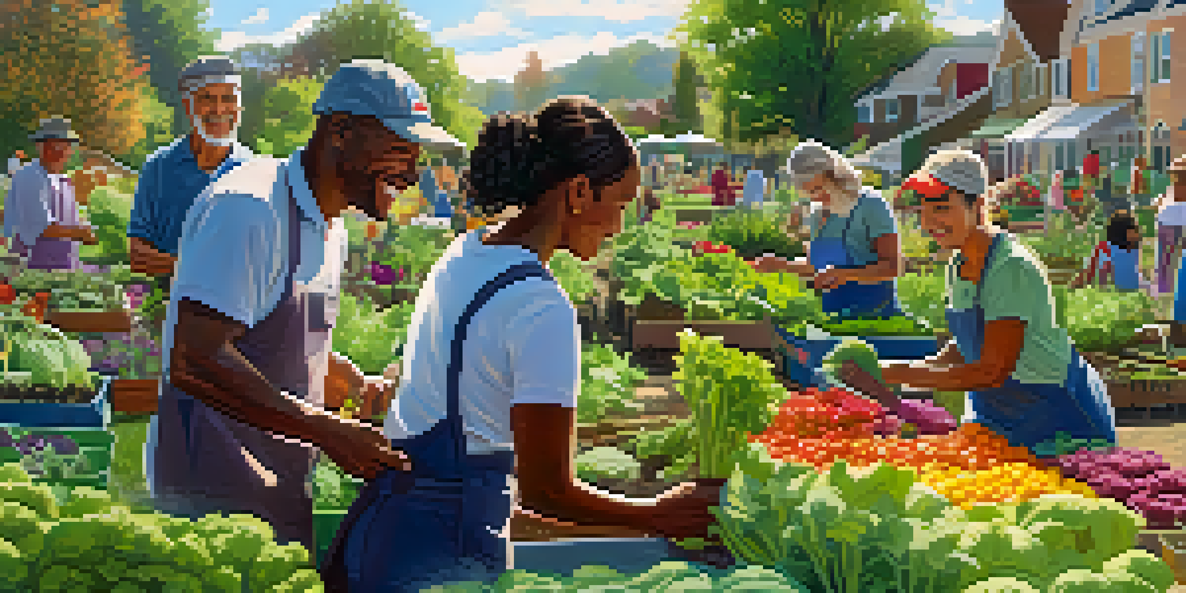 A community garden with people of different backgrounds planting vegetables together under a sunny sky.