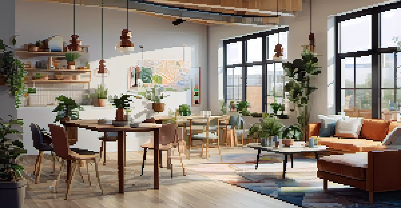 Interior of a co-living space with modern furniture, plants, and a communal kitchen, filled with young professionals interacting in a bright and inviting atmosphere.