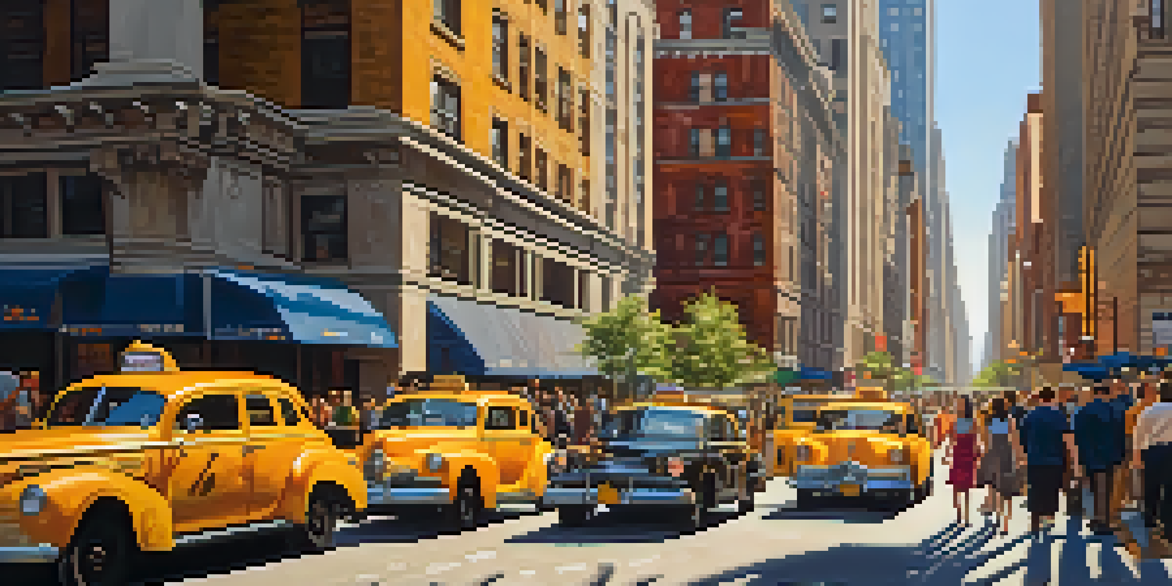 A busy street in New York City at sunset with people walking, street vendors, and the Empire State Building in the background.