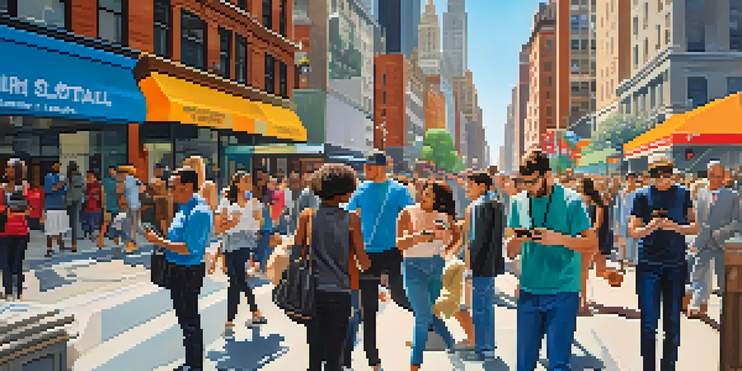 A vibrant street scene in New York City with diverse people using smartphones to engage with civic technology, surrounded by urban architecture.