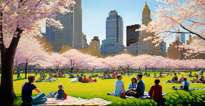A sunny spring day in Central Park with tourists picnicking and cherry blossom trees blooming.